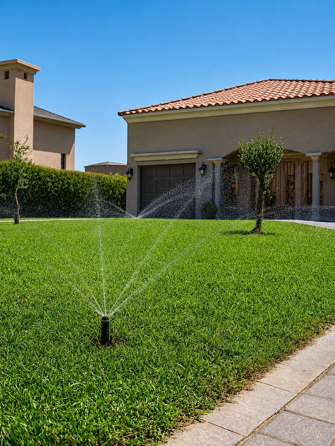 Sistema de riego automático funcionando en jardín residencial