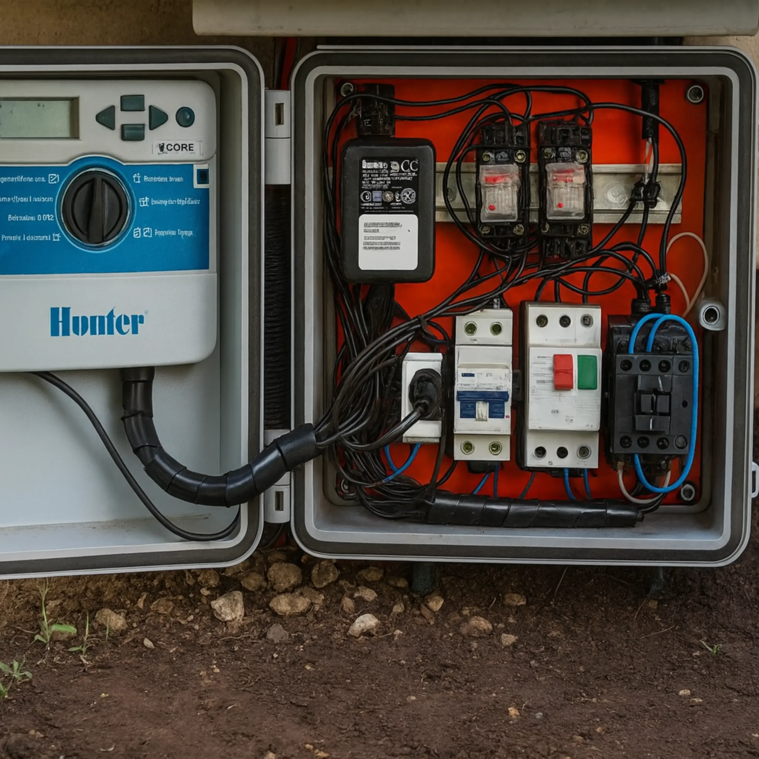 Tablero de automatización de riego con controlador Hunter y conexiones eléctricas.