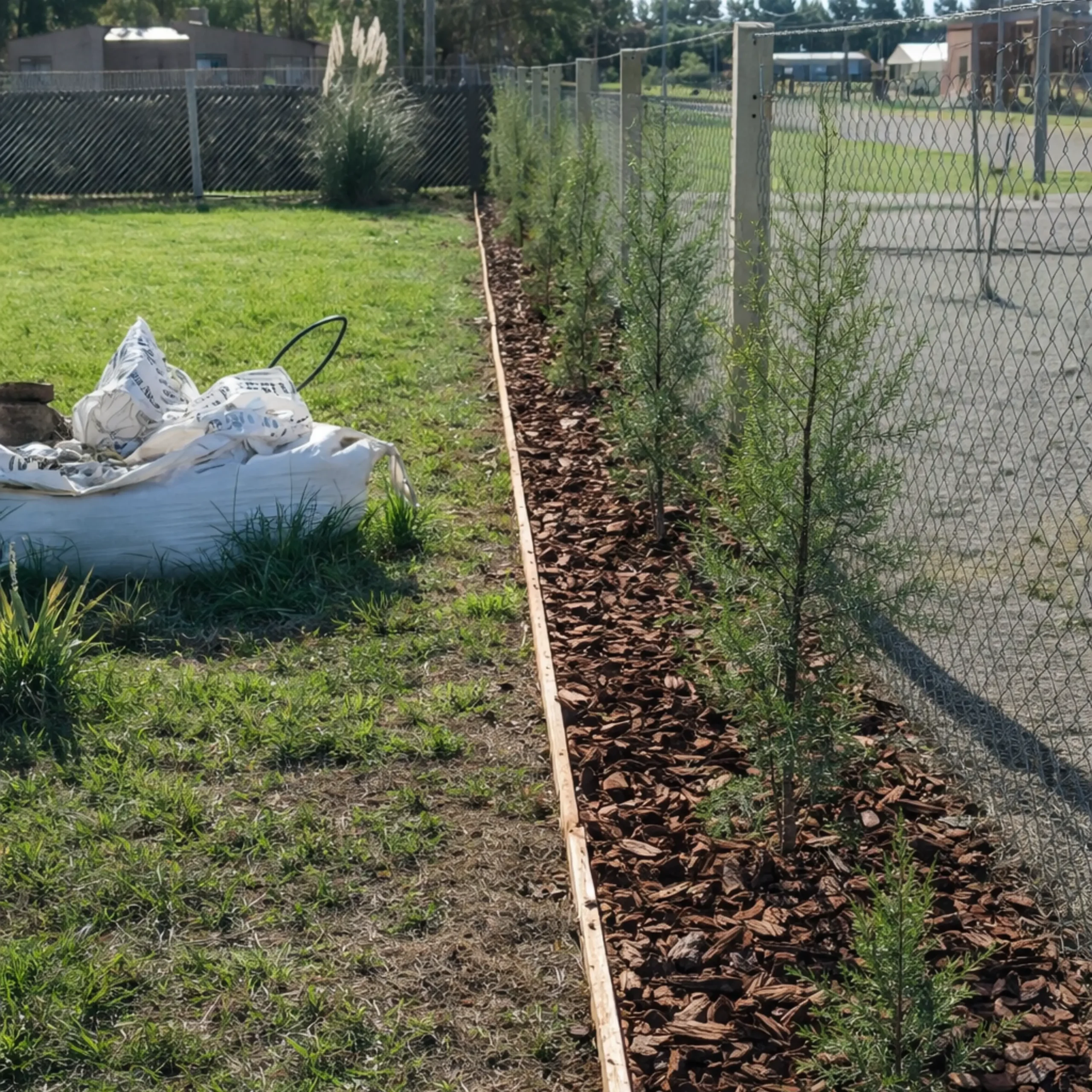 Instalación de cerco vivo: plantación de arbustos alineados con borde y mulch.