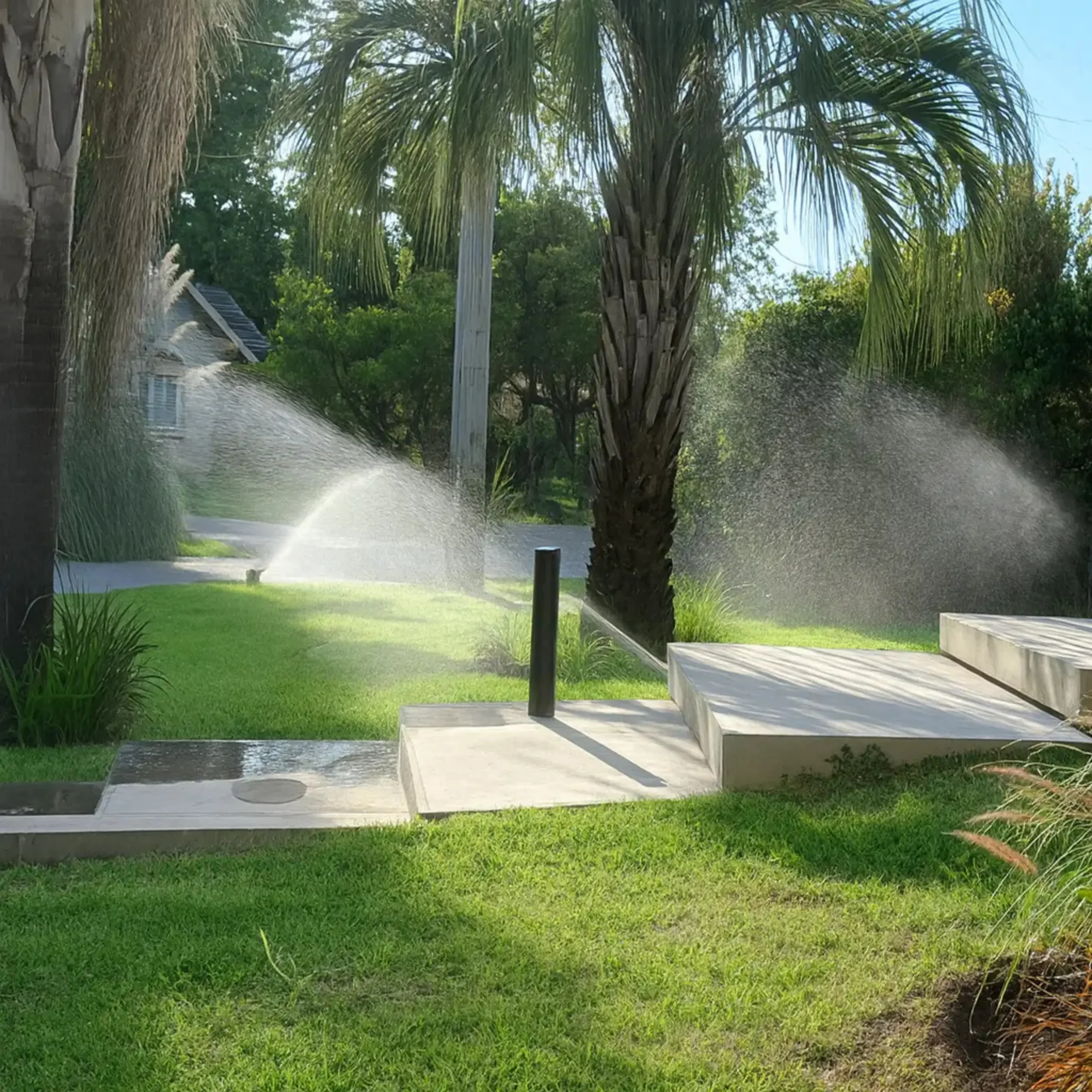 Sistema de riego automático por aspersión funcionando en jardín con palmeras.