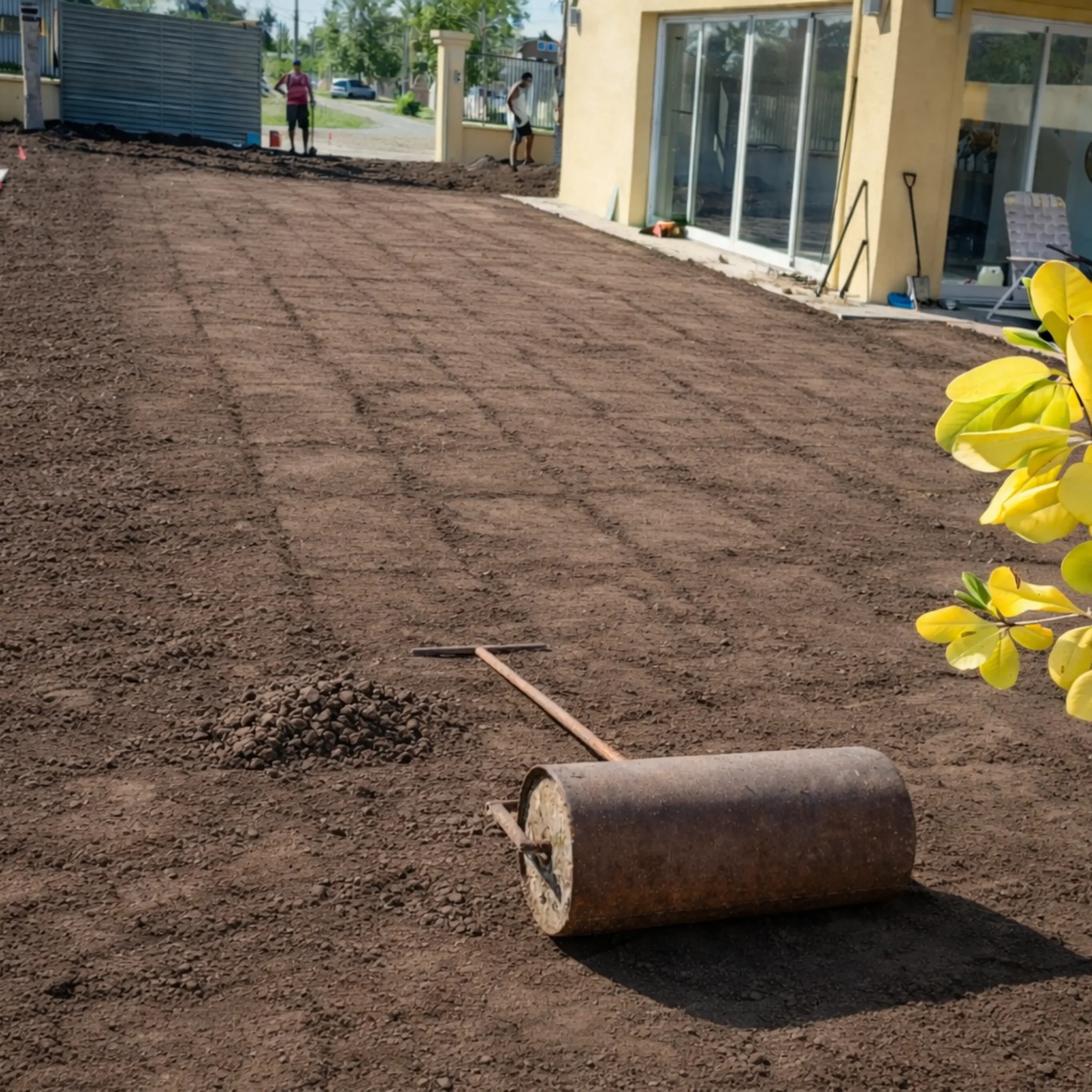 Nivelación y compactación de terreno con rodillo para preparación de césped.